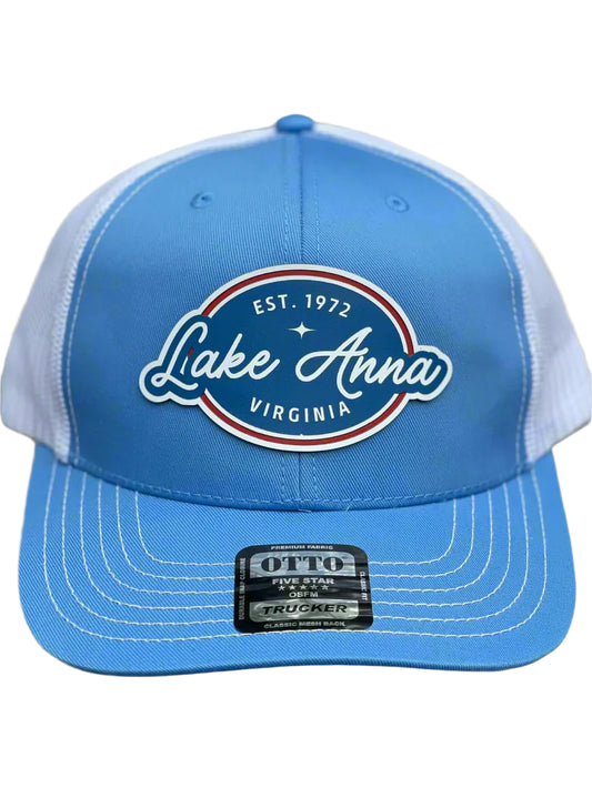 Blue and white cap with 'Lake Anna, Virginia' logo on a gray background