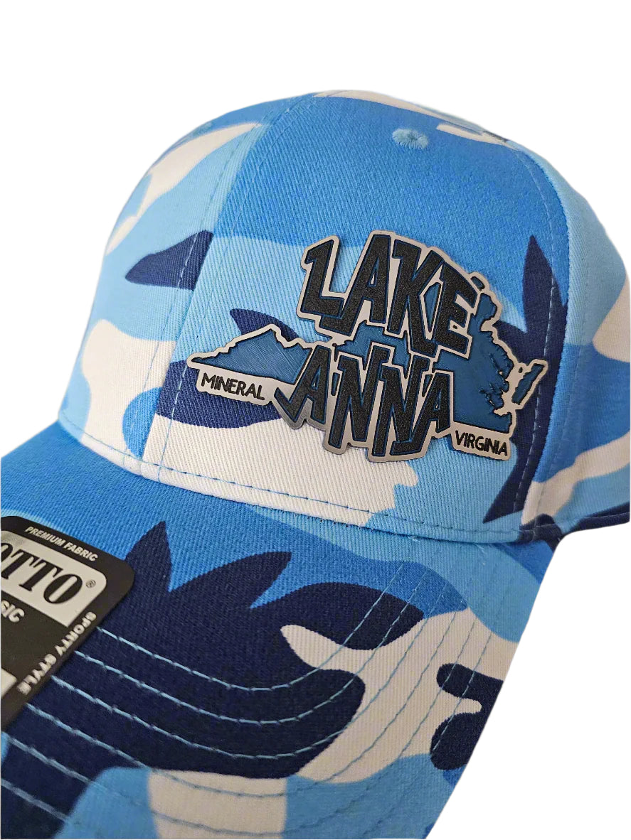 Blue camouflage cap with 'Lake Anna' branding