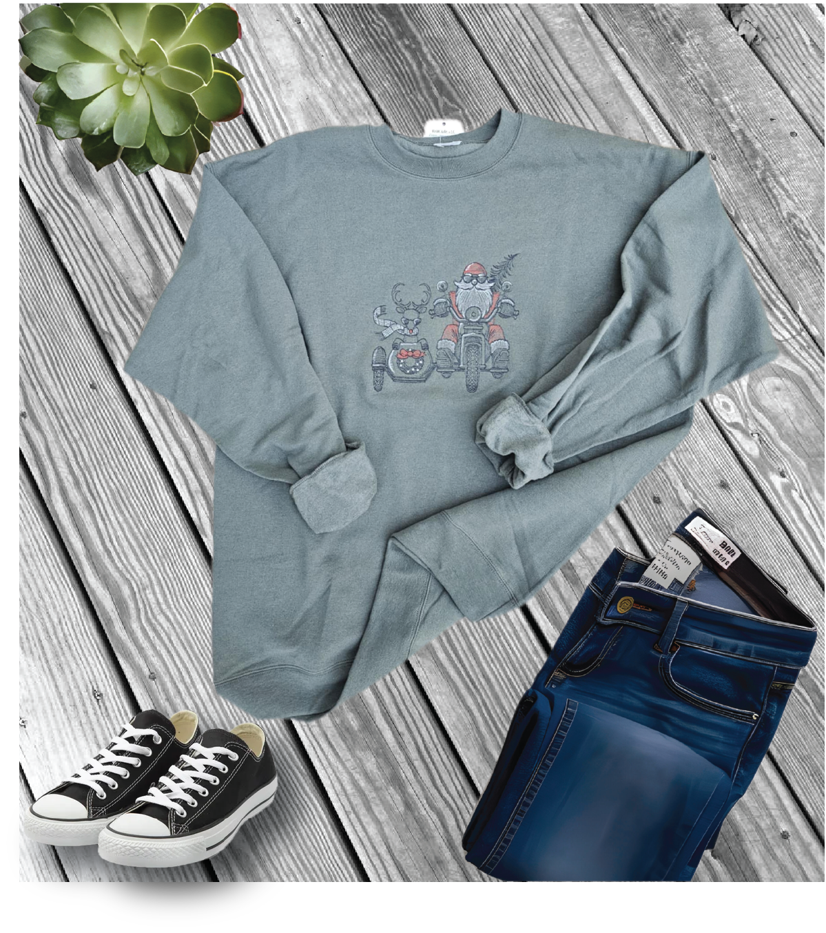 Hanes EcoSmart Crewneck (P160) with Biker Santa Embroidery Design