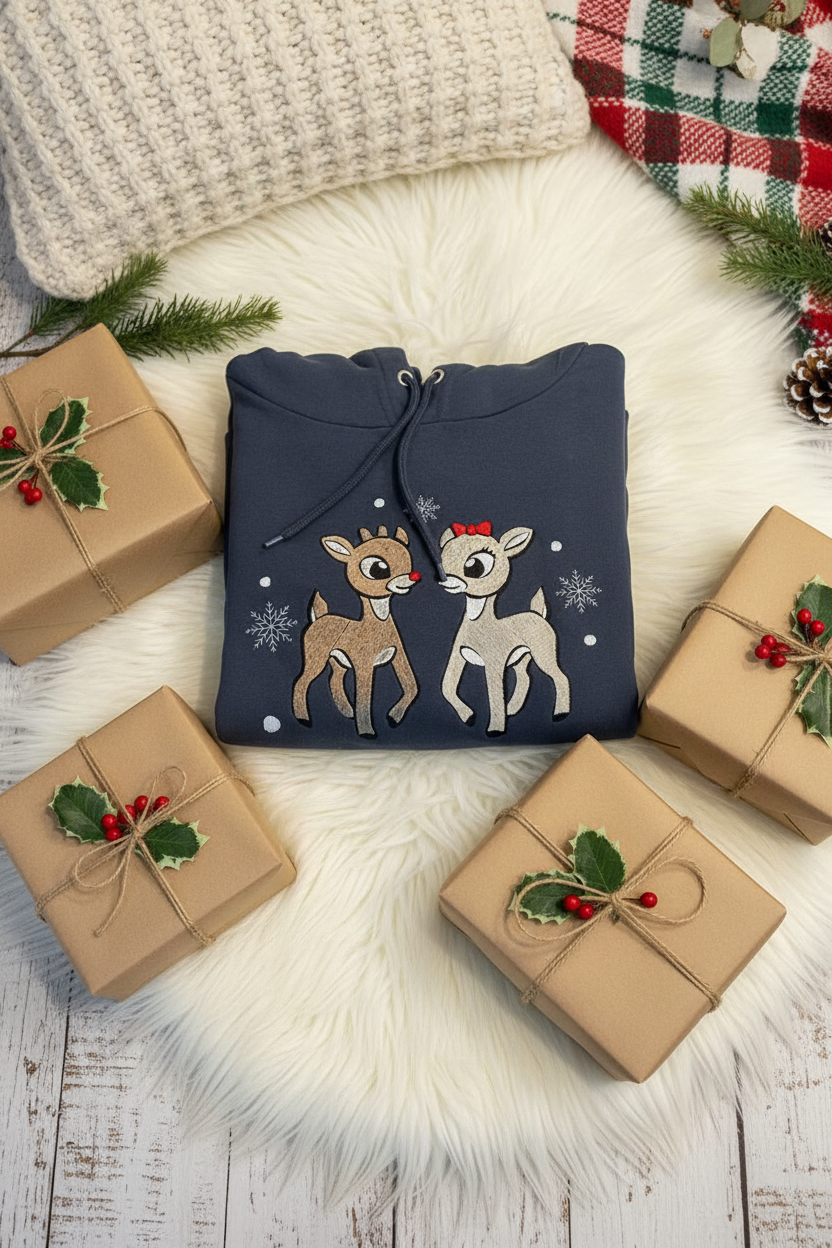 Cotton Heritage Lightweight Pullover Hoodie (M2500) with Rudolph & Clarice Embroidery Design