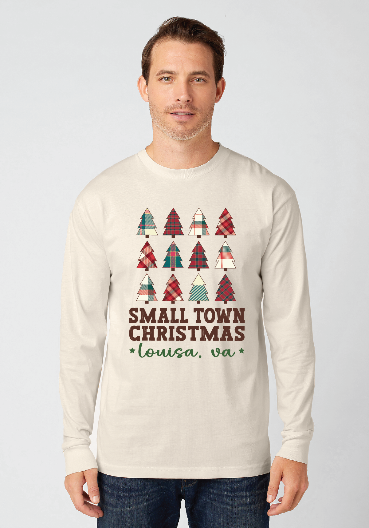 Men's Premium Long Sleeve Tee (MC1182) with Small Town Christmas Design DTF Design