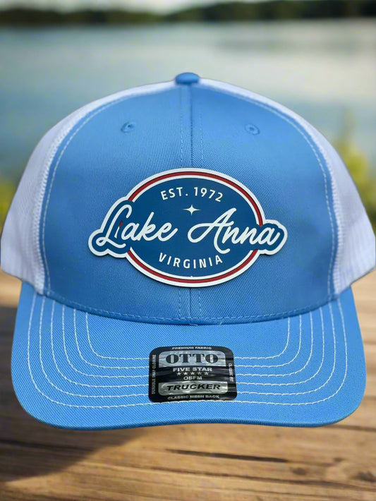 Blue and white cap with 'Lake Anna, Virginia' logo on a gray background
