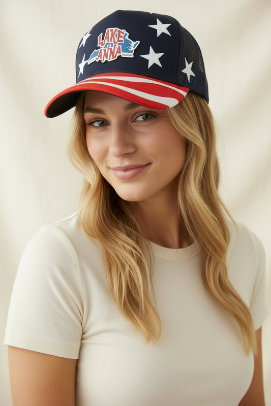 Cap with 'Lake Anna Virginia' text and American flag design