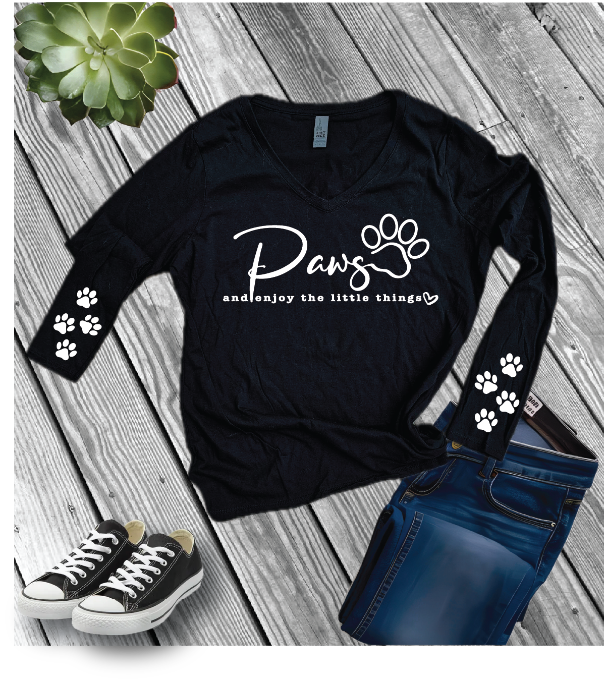 District Women's Long Sleeve V-Neck Tee (DT6201) with "Paws and enjoy the little things"