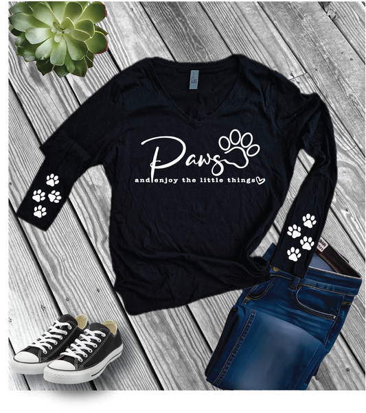 District Women's Long Sleeve V-Neck Tee (DT6201) with "Paws and enjoy the little things"