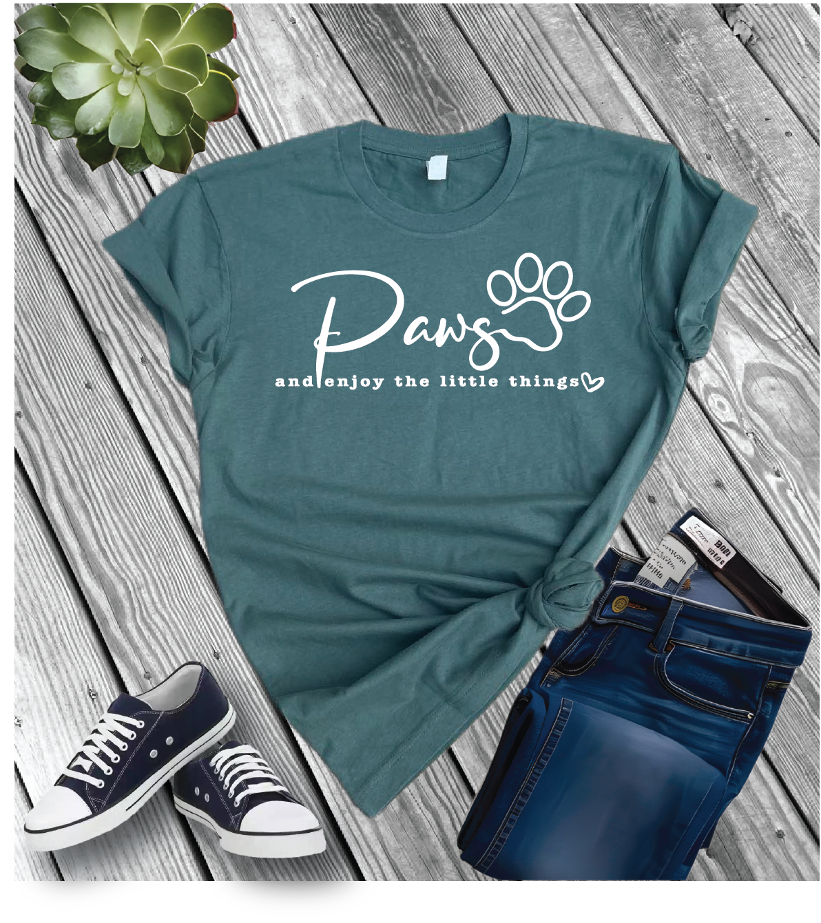 Cotton Heritage Unisex Short Sleeve T-Shirt (MC1040) With Paws and enjoy the little things Design