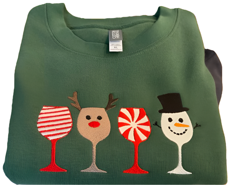 Cotton Heritage Lightweight Fleece Crewneck (M2460) with Holiday Wine Glasses Embroidery Design